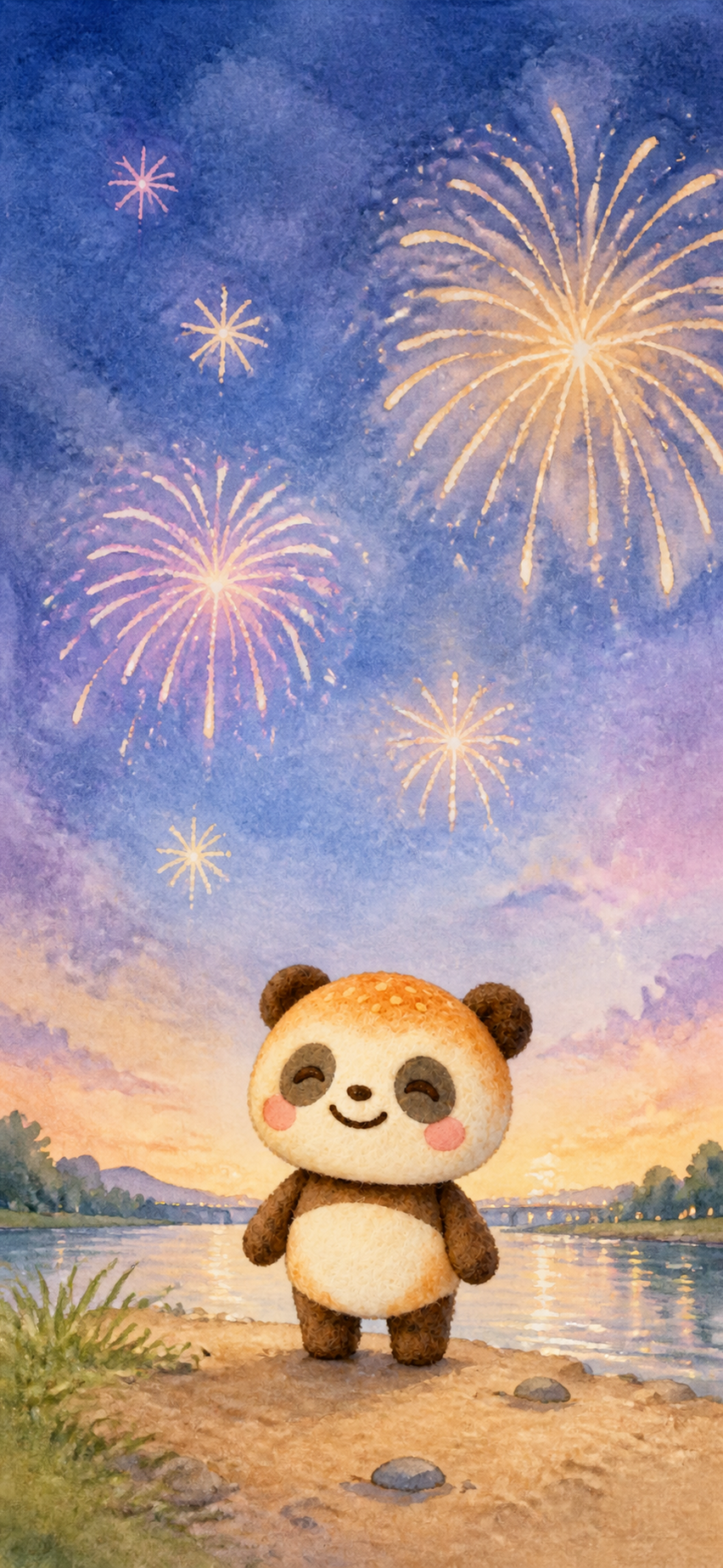 花火を見るカレーパンダの8月スマホ壁紙