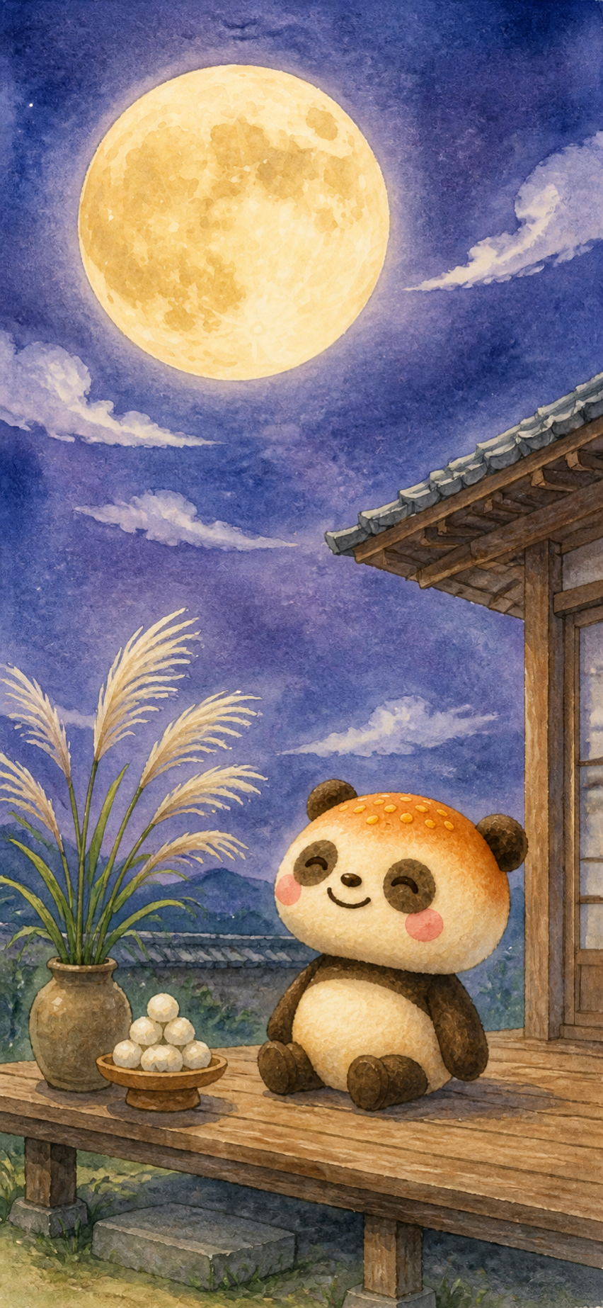 十五夜を楽しむカレーパンダの9月スマホ壁紙